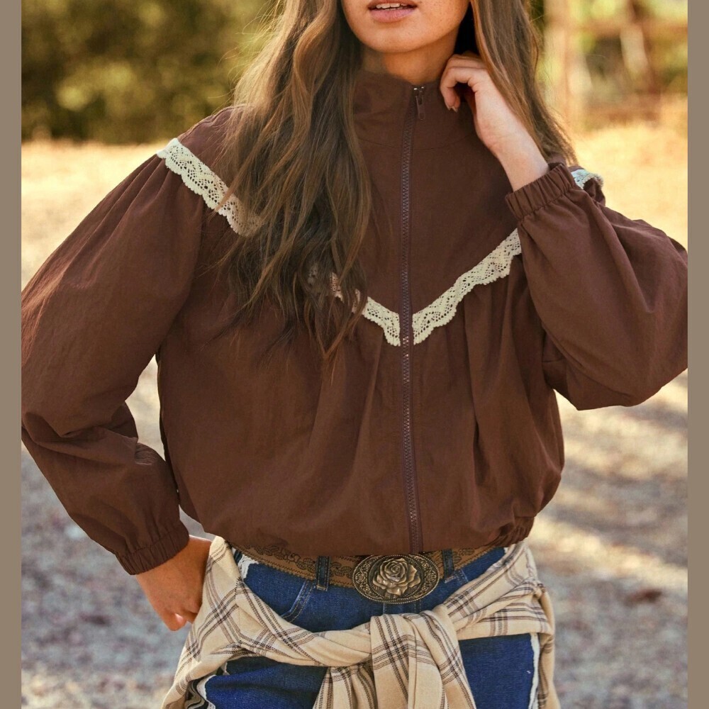 Brown Lace Trim Funnel Neck Zip Front Cropped Jacket